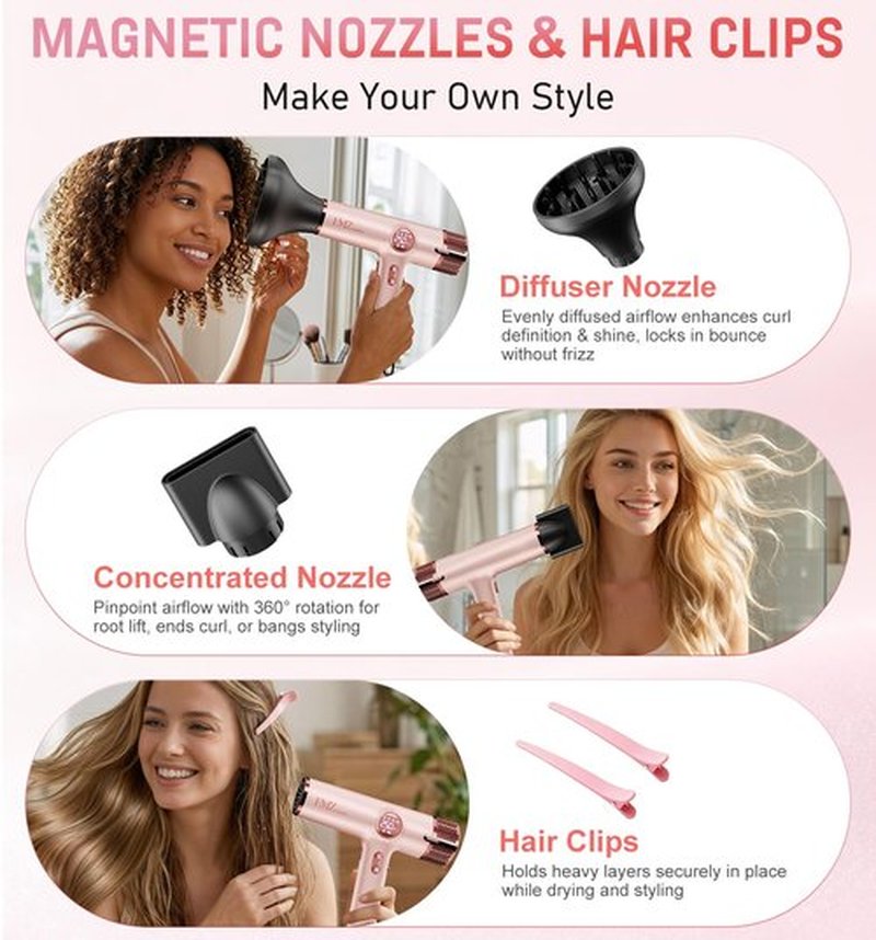 FMZ Professional Hair Blow Dryer with Smart Display, 1875W High Speed BLDC Motor for Fast Drying, Portable Mini Lightweight Quiet, Pink Curly Ionic Diffuser HairDryer for Women Girls Teen Salon Travel
