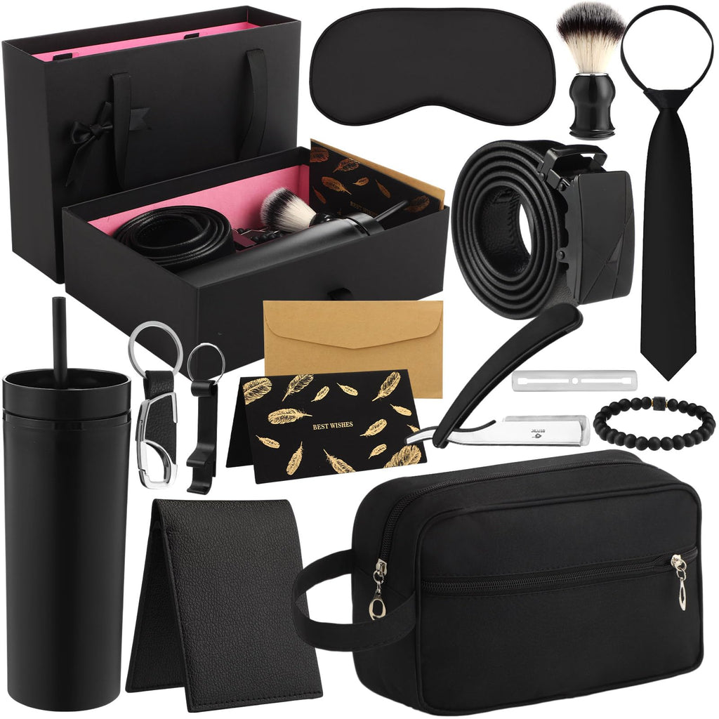 Tioncy 12 Pcs Father Gift Basket for Men Birthday Gift Set 16 oz Tumbler Bottle Opener Keychain PU Leather Wallet Tie Belt Bag Bracelet Eye Mask Thank You Present for Him Dad Husband Brother