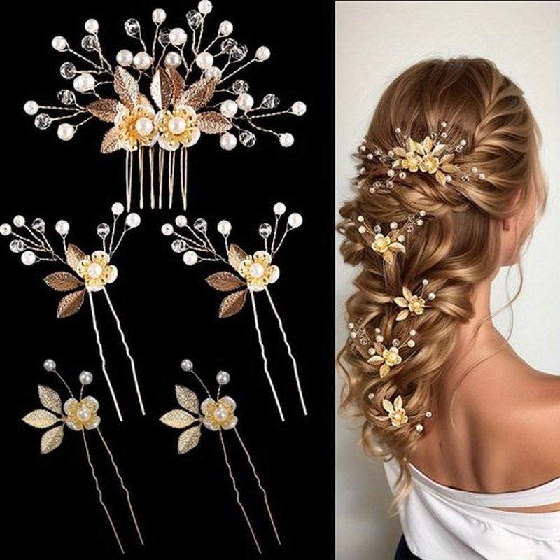 5 Pieces Gold Leaf Hair Comb and Hair Pins, Bridal Hair Accessories Wedding Hair Clip for Brides, Handmade Rhinestone Hair Vine Wedding Head Pieces for Women and Bridesmaids Flower Girls