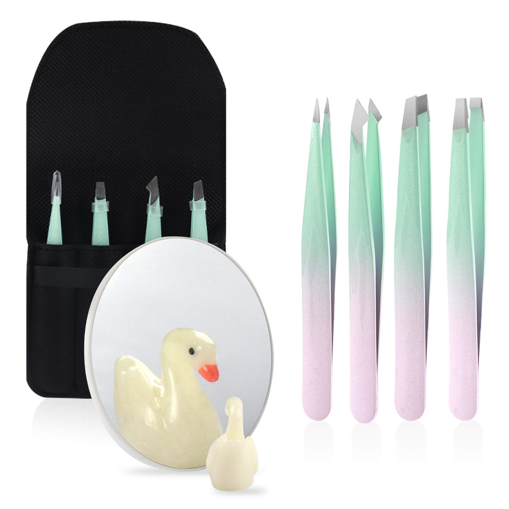WangSelect Tweezers and 10X Magnifying Mirror Kit with Travel Leather Case, Eyebrow Tweezer Set for Women & Men, Great Precision for Facial Hair, Splinter and Ingrown Hair Removal - Starry Blue