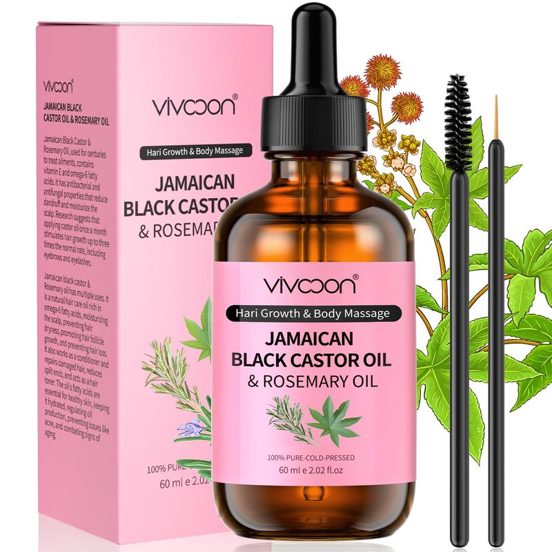Vivccon Jamaican Organic Black Castor Oil with Rosemary, Cold Pressed,for Hair , Eyelashes and Eyebrows Growth,100% Natural & Pure