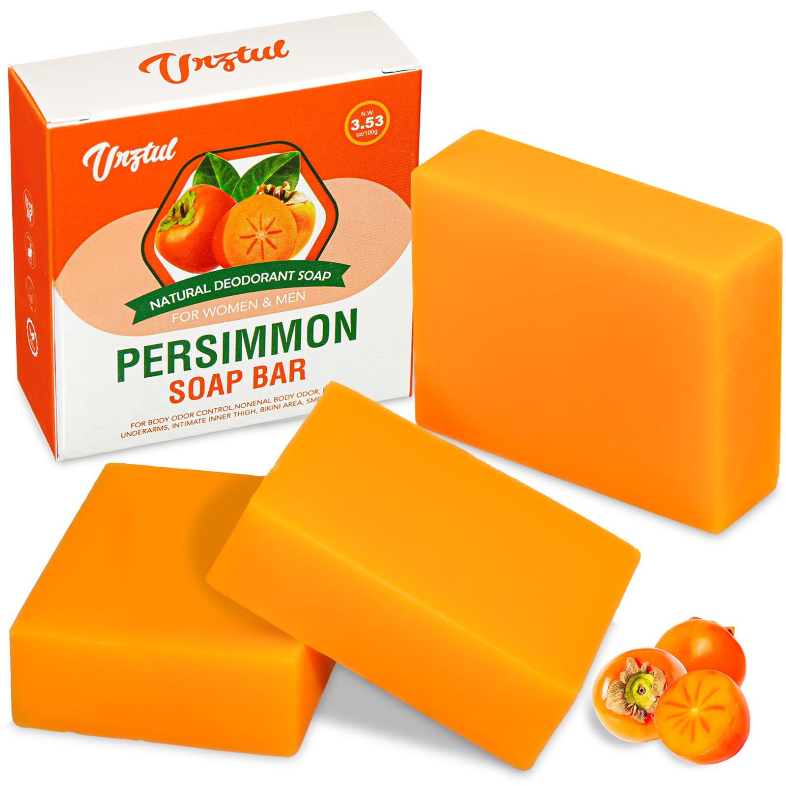 URZTUL 3 PCS Persimmon Soap Bar for Body Odor Control, Natural Deodorizing Soap for Eliminating Strong Smell, Handmade Bar Soap Deodorant Smooth Skin Deeply Cleansing