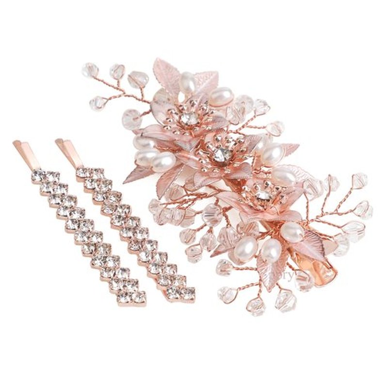 Sppry Floral Crystal Pearl Alligator Hair Clip and Rhinestone Bobby Pins, Elegant Hair Accessories for Bridal Women in Wedding or Prom, Set of 3 (Rose Gold)