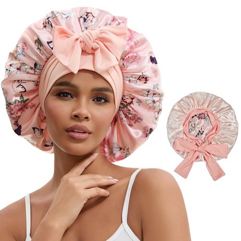 NAHOSY Satin Silk Bonnet for Sleeping Women, Reversible Double Layer Soft Satin Lined Hair Bonnet with Tie Band Night Sleep Cap for Curly Hair (Pink)