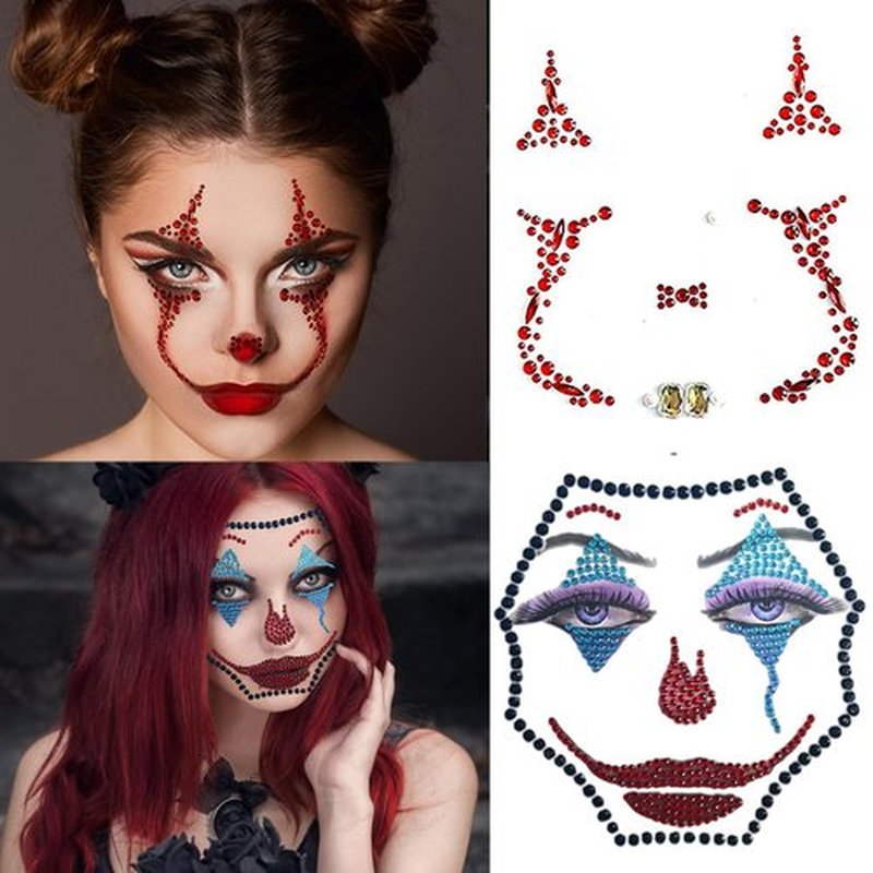 2 Pack Red Face Gems Jewels Tattoos for Halloween,Day of the Dead Skull Rhinestone Temporary Face Tattoo Stickers for Women Men Cosplay Makeup Outfit Blue Clown