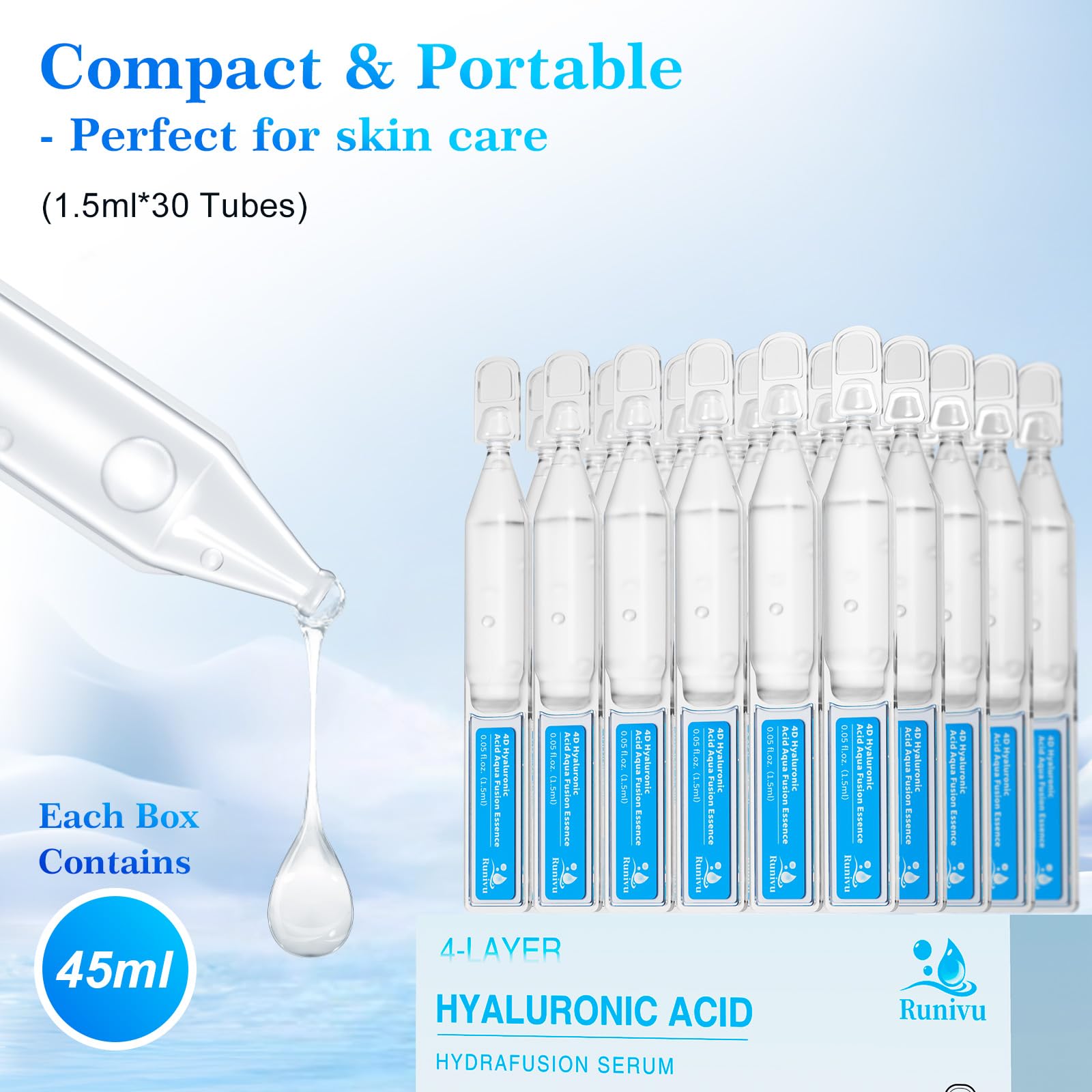 Burgift Hyaluronic Acid Serum for Face, 3% 4D Deep Hydrating Facial Ampoules in 30 Single-Use Vials, Plumping Moisturizer & Pre-Makeup Prep