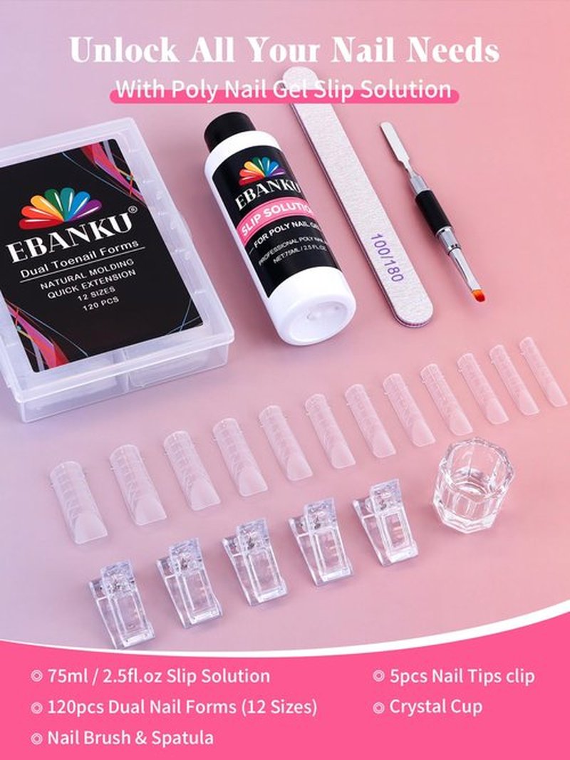 EBANKU Poly Gel Toenail Kit, Reusable Toe Dual Nail Forms with 2.5oz Slip Solution Poly Gel Nail Kit for Toe Nail Tips for Women with Double-end Brush, File, Clips, Liquid Container, 120PCS, 12 Sizes