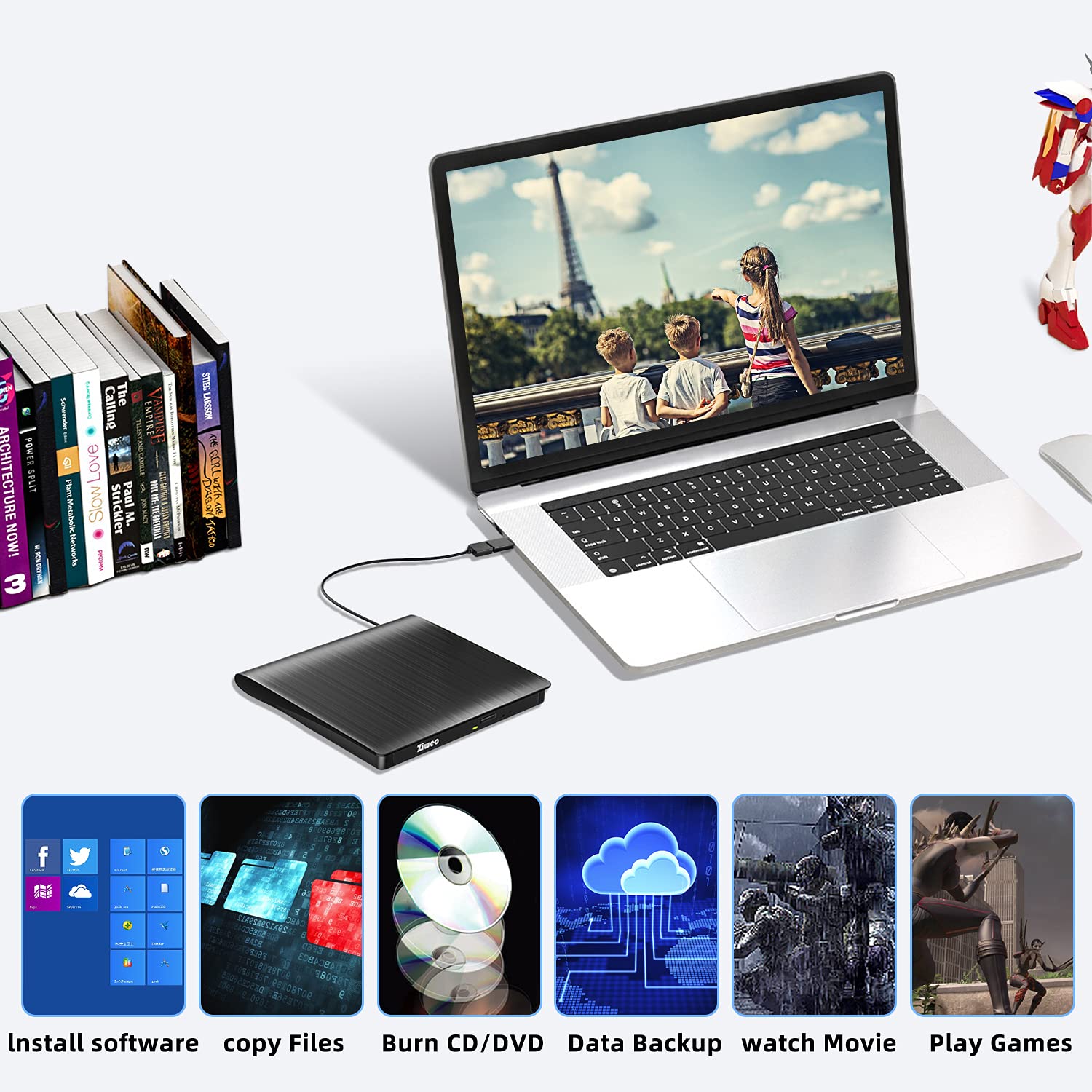 External USB 3.0 Type-C CD DVD +/-RW Drive - Portable CD ROM Reader & DVD Burner with Protective Carrying Case for Laptop/Desktop PC/Mac/Windows/Linux