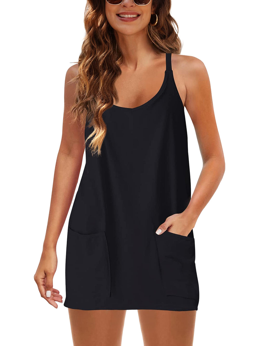 Lentta Womens Athletic Sleeveless Mini Dress with Built-in Shorts V Neck Spaghetti Strap Sundress(Black-M)