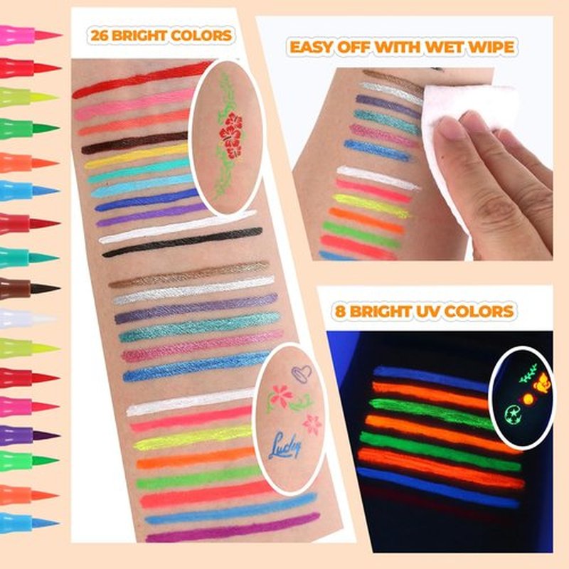 26 Colors Temporary Tattoo Markers for skin Body Marker Face Paint Pen, Face Painting Markers 138 pcs Tattoo Stencils for Adults, Glitter&Matte & Neon Glow Washable Cosmetic-Grade Body Art Pen