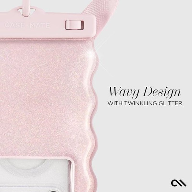 Case-Mate Wavy Waterproof Phone Pouch | Large Floating Case with Crossbody Lanyard - Ballet Pink Twinkle
