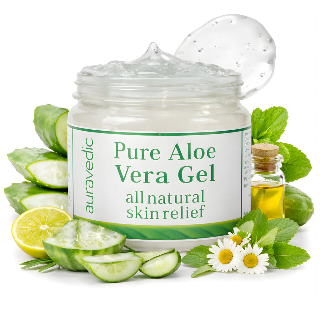 Auravedic Pure Aloe Vera Gel for Face, Body & Hair | Natural & Soothing Plant-Based Gel | Ideal for Daily Skincare, After-Sun Use & Hair Conditioning | Alcohol-Free | 7.05 Oz (200g)