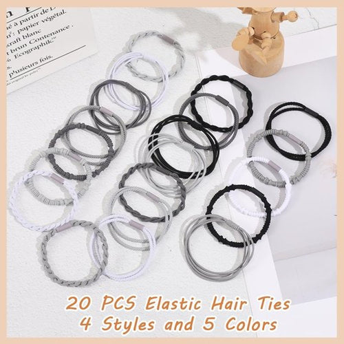 20 PCS Boho Hair Ties - 4 Styles for Ponytail Holders, No-Damage Grey Bracelets for Thick or Thin Hair