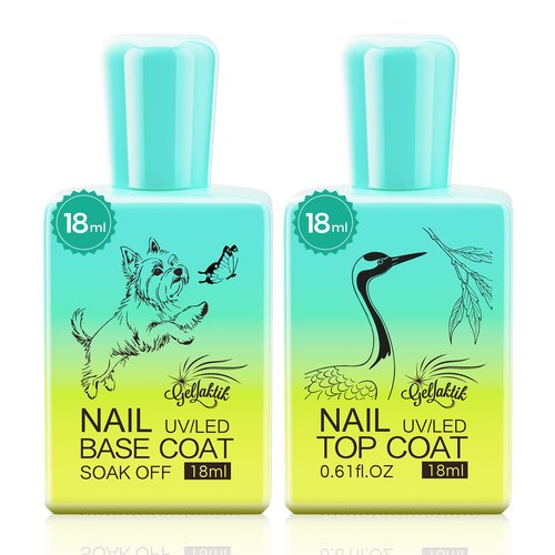 GELLAKTIK 2 Pcs 18ml Gel Base Coat and Glossy Top Coat Set No Wipe Foundation Combination for Long Lasting Shine, Perfect Manicure Gift Set for Women, DIY Nail Art, UV Light Cure