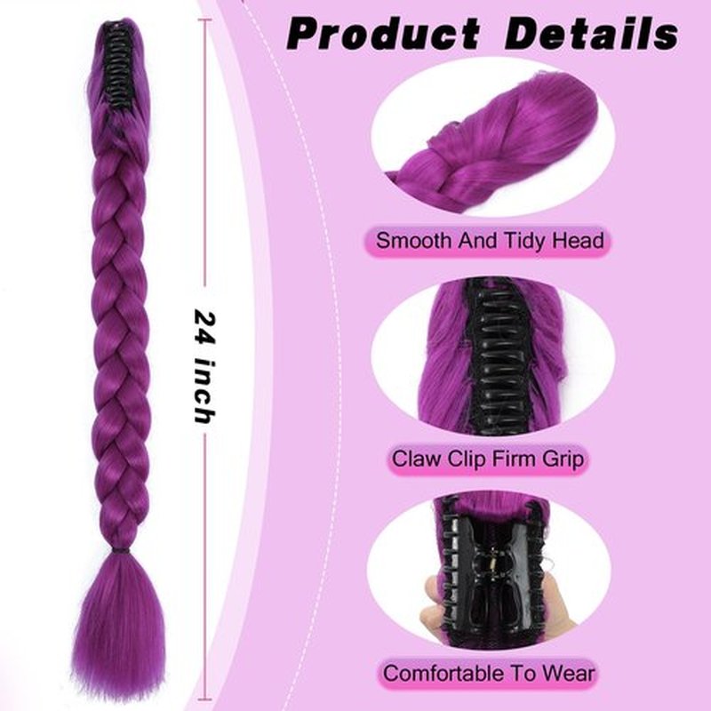 Long Purple Hair Extensions Synthetic Fiber Braid Cosplay Purple Braiding Hair 24 INCH Easy Claw Clip ponytail extension for Cosplay Halloween Costume (24 Inch)