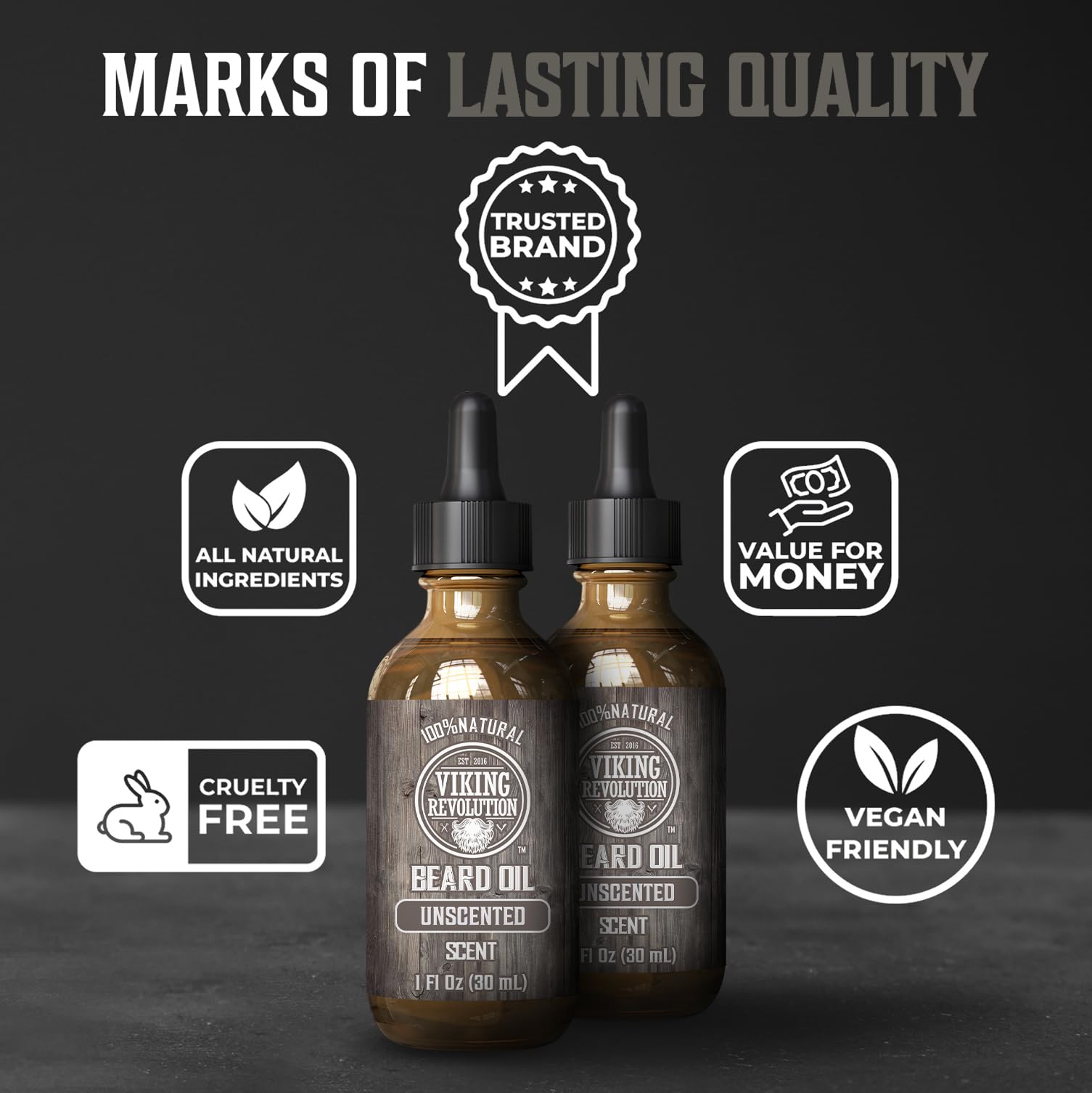 Viking Revolution Men's Beard Oil with Argan and Jojoba Oils - Natural Softener and Conditioner, Strengthens and Moisturizes (Unscented, 2 Pack)