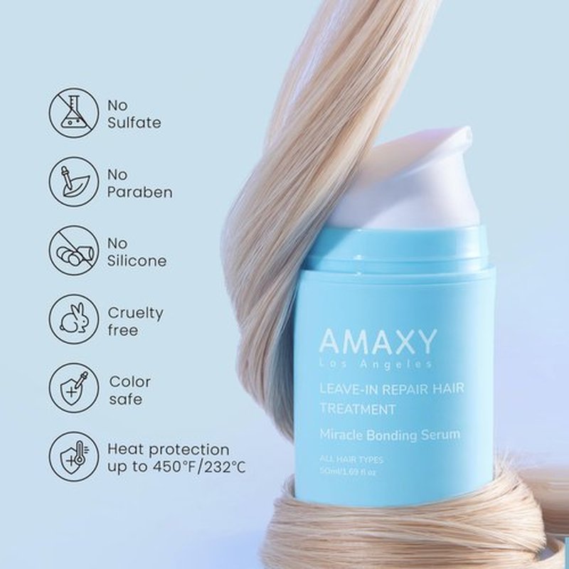 AMAXY Miracle Bonding Serum, Leave-In Hair Repair Treatment for Damaged Bleached Hair – Bond Protein Repair + Keratin Hair Serum, Frizz Control, Heat Protection, Sulfate Free - 1.69fl oz