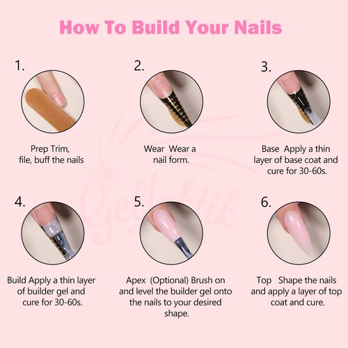 GELLAKTIK Builder Gel for Nails, 4X15ml 7 in 1 Builder Gel Nail Polish, LED Lamp Cured for Clear Rubber Base & Strengthener Extensions, Thickening, Repair (Clear, White, Nude, Pink)