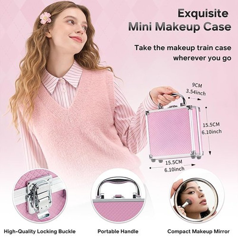 Color Nymph Beginner Makeup Kit - 24-Color Eyeshadow Palette, Blushes, Bronzer & Lipstick | Pink Cosmetic Train Case Included
