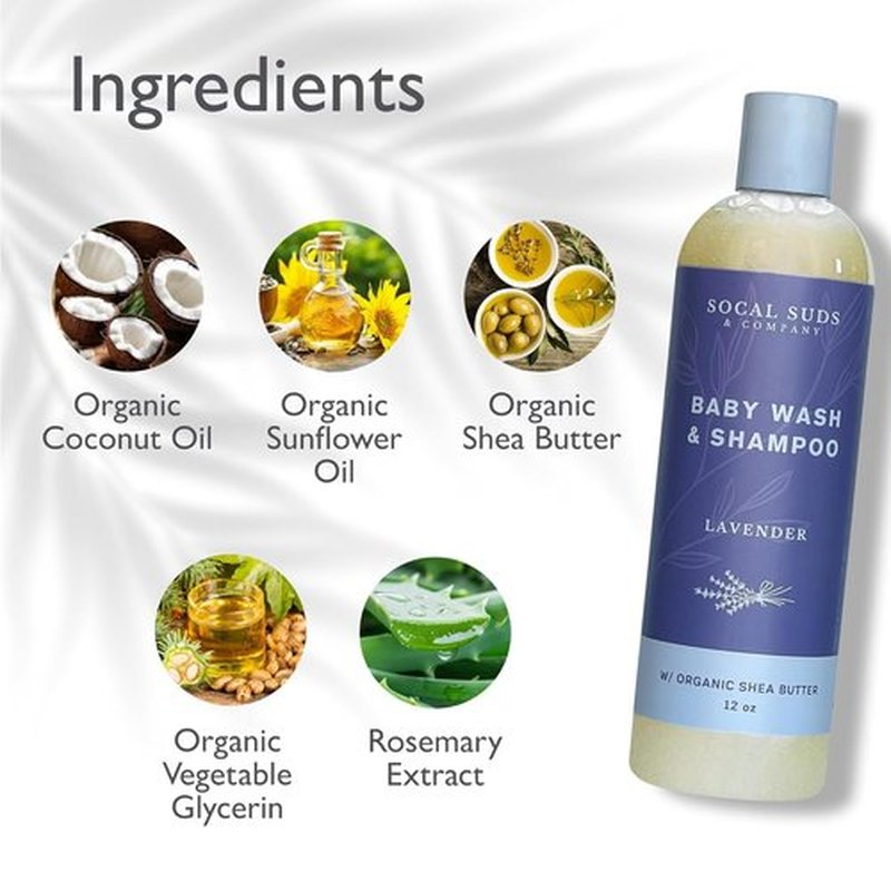 SoCal Suds & Company Baby Body Wash & Shampoo - Gentle Shea Moisture Formula for Sensitive Skin | 12oz Lavender Bottle