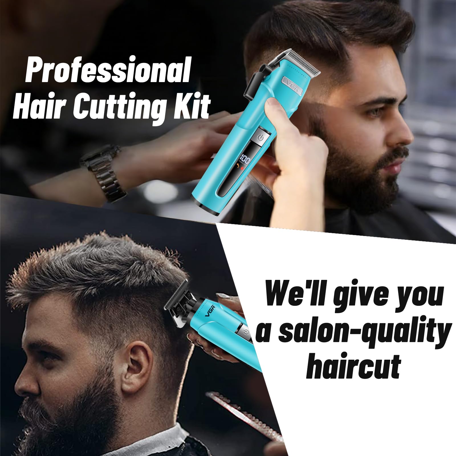 VGR 694S2 Professional Hair Clippers for Men - Cordless Barber Clipper & Trimmer Set with Charging Dock, 440 Min Runtime & LED Display - Rechargeable Hair Cutting Kit for Barbers & Home Use(Green)