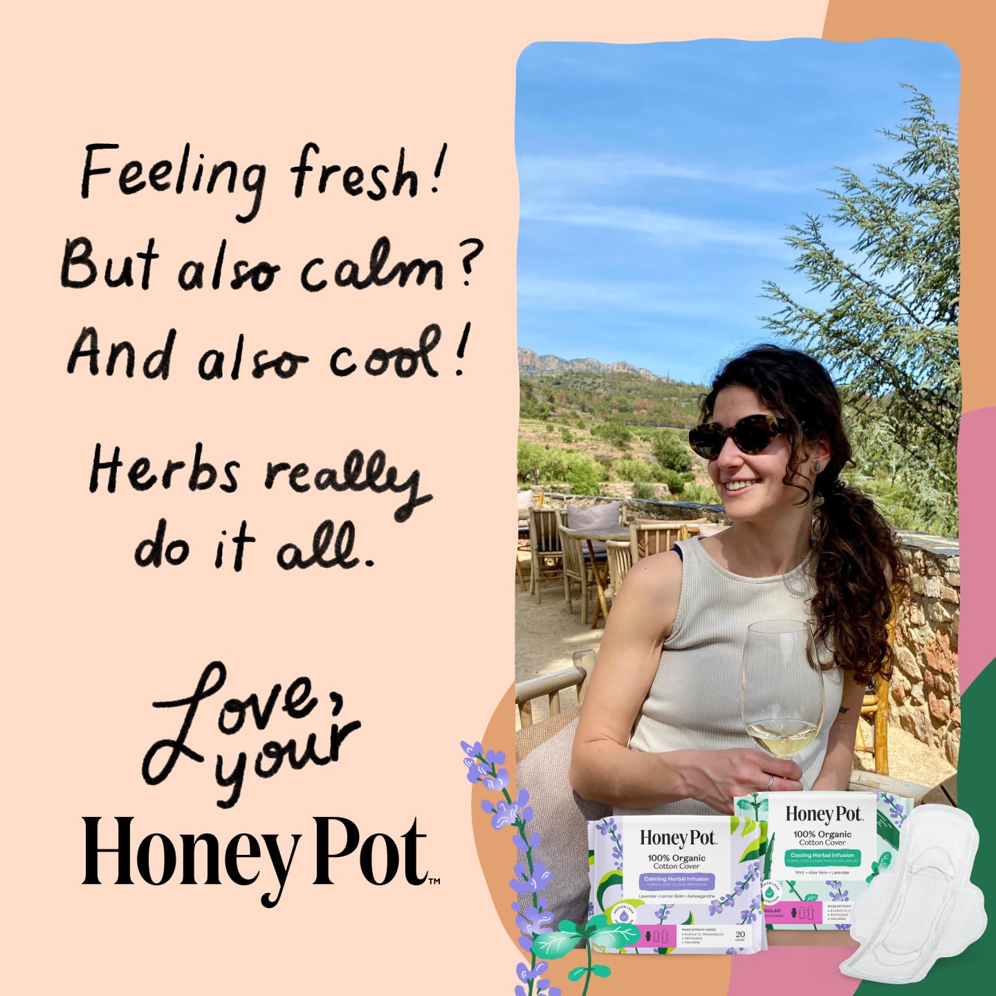 Honey Pot Calming Overnight Sanitary Pads for Women - 100% Organic Cotton Top Sheet - Feminine Care - Non Cooling - Calming Herbs of Lavender, Ashwagandha, & Lemon Balm - 12ct