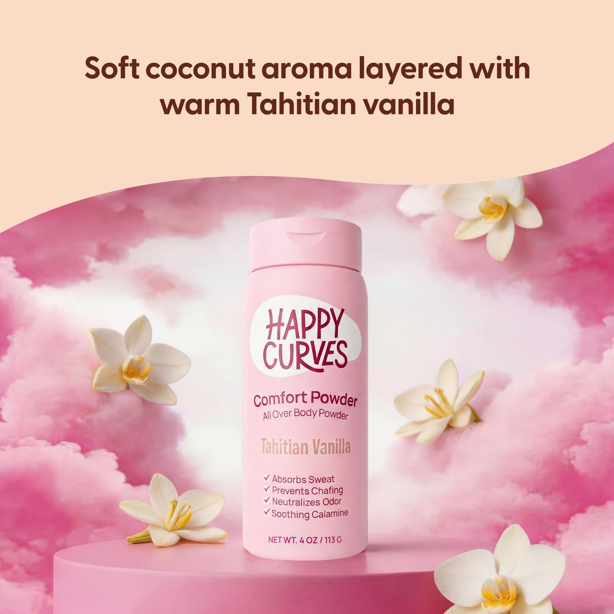 HAPPY CURVES Comfort Powder: Talc Free Anti Chafe Body & Foot Dusting Powder Deodorant for Inner Thigh Chafing, Private Areas, and All Over Body for Women 4oz (Pack of 1), Tahitian Vanilla
