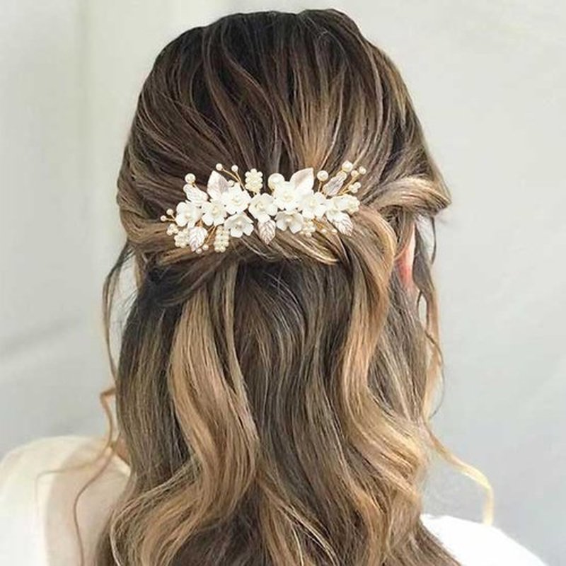 BETITETO Bridal White Hair Comb Pearl Leaf Ceramic Flower Hair Pin Piece Accessories for Wedding Women