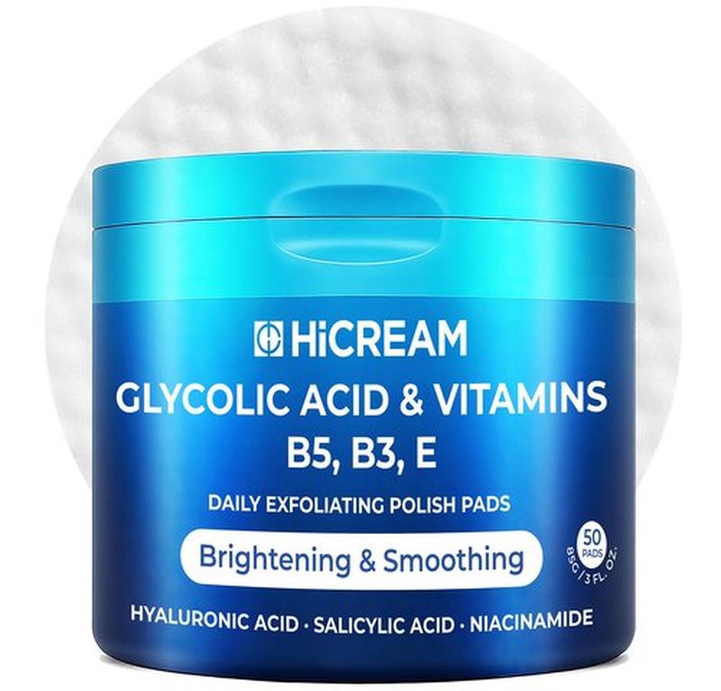 Hicream Glycolic Acid Exfoliating Pads, Dual-Textured Facial Toner for Pore Care & Skin Radiance, Deep Cleansing Peel with Niacinamide, Salicylic Acid & Vitamins E, B3, B5 (50 Pads)