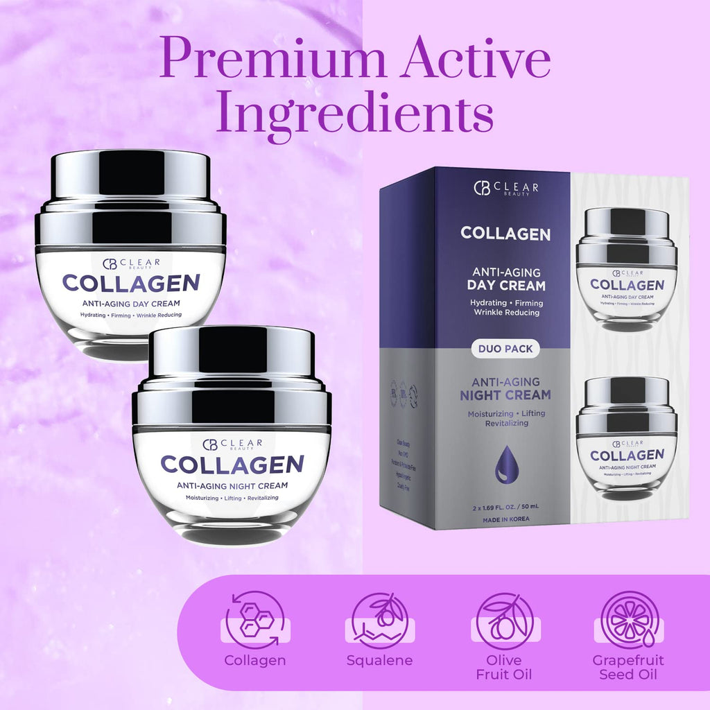 Clear Beauty Collagen Day & Night Face Moisturizer - Dermatologist Tested, Anti Aging Korean Skin Care - Plumping Hydration, Elasticity Support, Silky Finish - Vegan, Clean Beauty - Duo Pack