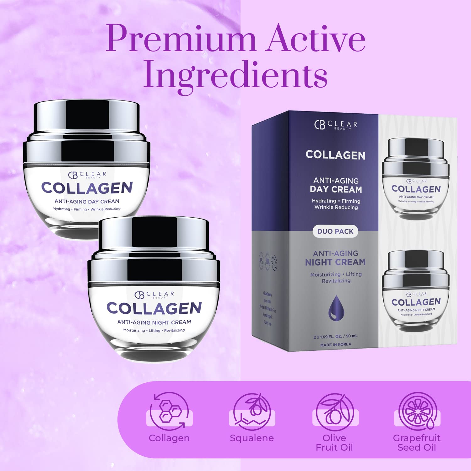 Clear Beauty Collagen Day & Night Face Moisturizer - Dermatologist Tested, Anti Aging Korean Skin Care - Plumping Hydration, Elasticity Support, Silky Finish - Vegan, Clean Beauty - Duo Pack