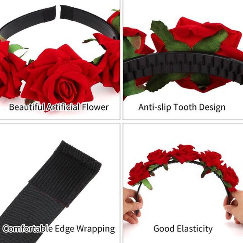 BAHABY Rose Flower Headbands for Women Floral Headband Mexican Flower Crown Headpiece for Halloween, Day of The Dead, Prom