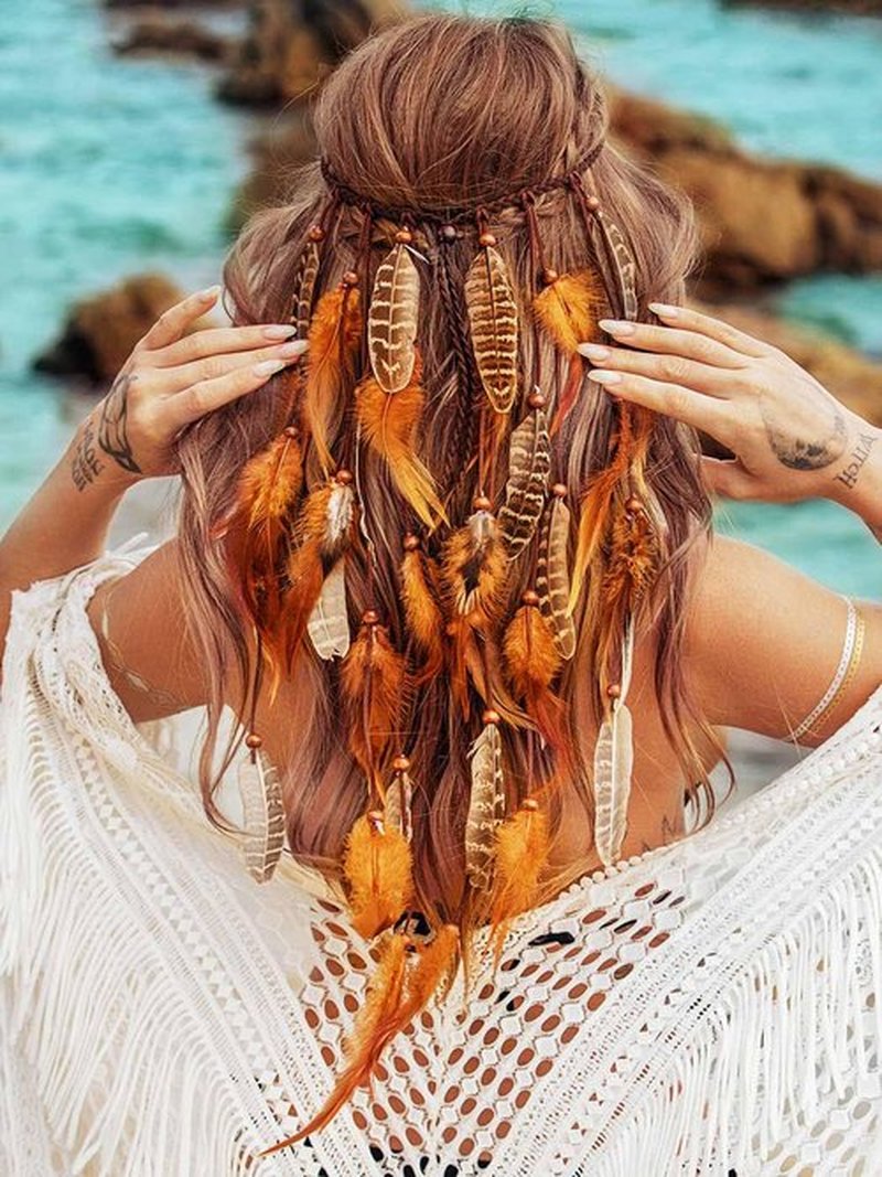 GENBREE Boho Festival Feather Headband Bohemian Gypsy Long Hair Accessories with Beads Hippie Headpiece for Women (Pattern 1)
