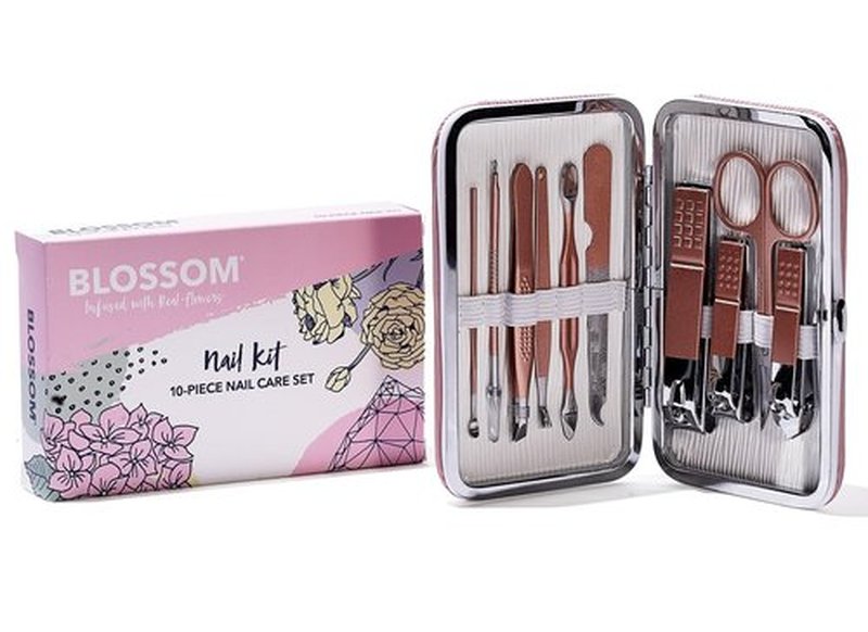 Blossom 10 in 1 Professional Manicure, Pedicure + Facial Tools Grooming Kit, Stainless Steel Nailcare Nail Clipper Kit with Nail Care Tools, Travel Case and Gift Ready Box