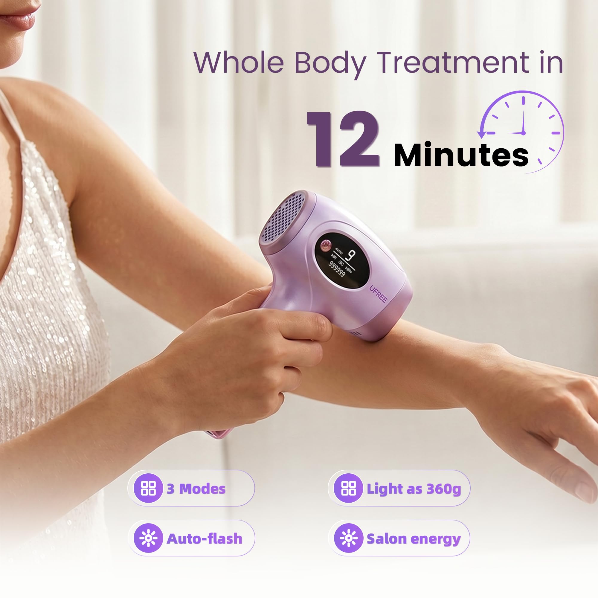 Ufree IPL Hair Removal Device, Full Body for Women Men at Home, Long-Lasting & Painless, 20J & 3 Smart Modes, 990k Flashes, Hair Remover for Armpits Legs Arms Face Bikini Line (Purple)