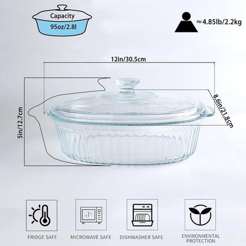 Skiennix Casserole Dish With Lid - 3qt Clear Oval Glass Baking Dish for Cooking & Serving