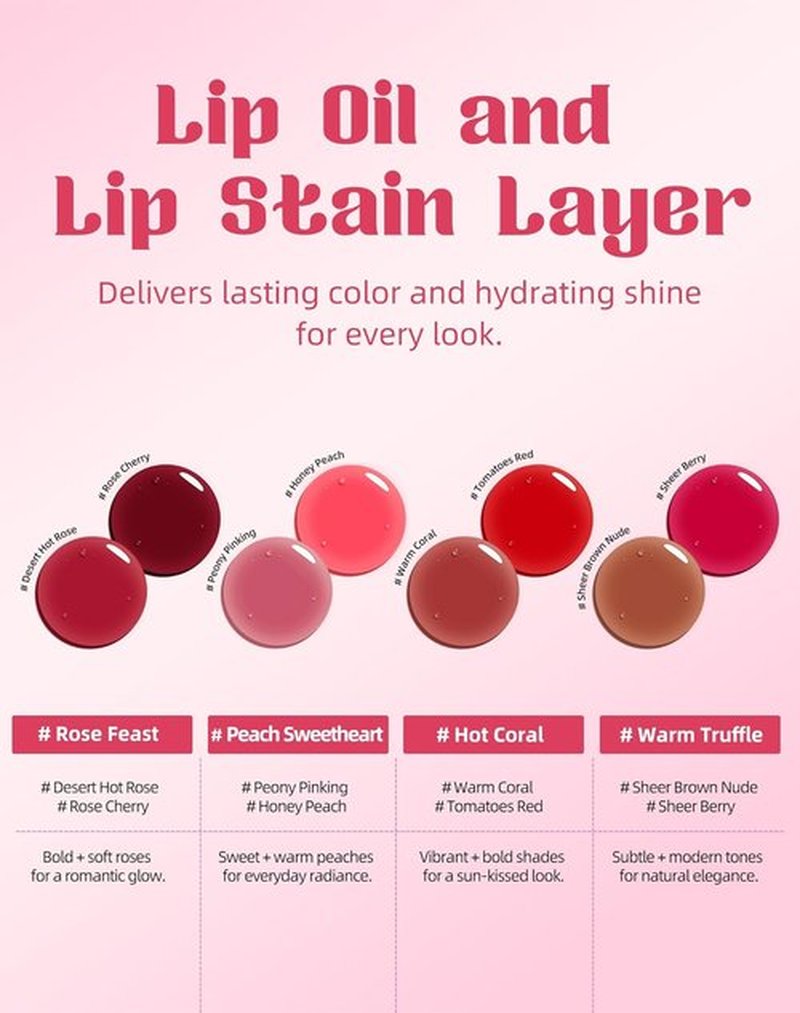 Bayfree Tinted Lip Oil & Stain Set - Waterproof, Long-Wearing Korean Makeup | High-Shine, Moisturizing 2-in-1 Tint for Dry Lips, Vegan & Cruelty-Free