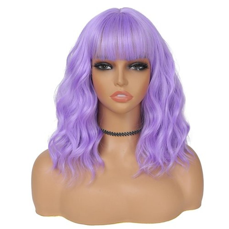 BEAUTIFA Purple Wig with Bangs for Women 14 Inch Lavender Wigs Short Bob Wavy Curly Wig Heat Resistant Synthetic Colorful Wig