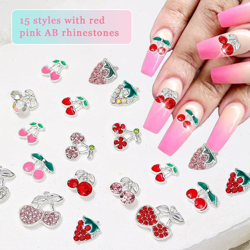 XEAOHESY 45 Pieces Silver Cherry and Strawberry 3D Nail Rhinestones - Cute Fruit Gems and Charms for Women's Manicure and Nail Art Decoration
