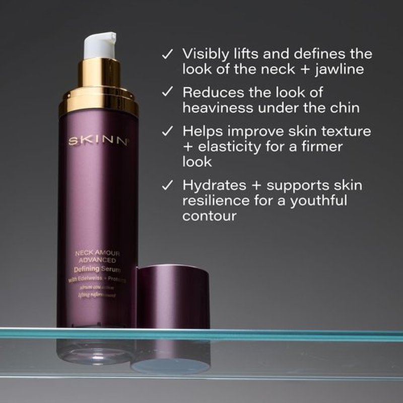SKINN Neck Amour Defining Serum - Anti-Aging Neck Firming + Tightening Treatment for Heaviness Under Chin/Double Chin - Lifts + Firms Skin - Enriched with Rice Protein