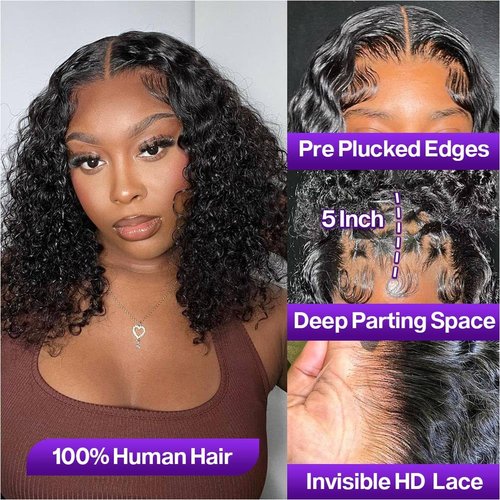 omswet Curly BOB Wig Human Hair 200 Density 5x5 HD Lace Closure Deep Wave Wigs for Black Women Glueless Wear and Go Pre Plucked Deep Wave Wet and Wavy Glueless Wigs Human Hair Natural Black 14 Inch