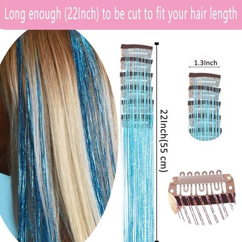 Hair Tinsel Clip in12 Pcs Blue Hair Tinsel Kit for Girls 22 Inch Glitter Fairy Tinsel Hair Extensions Colorful Heat Resistant Party Festival Accessories for Women (Blue)