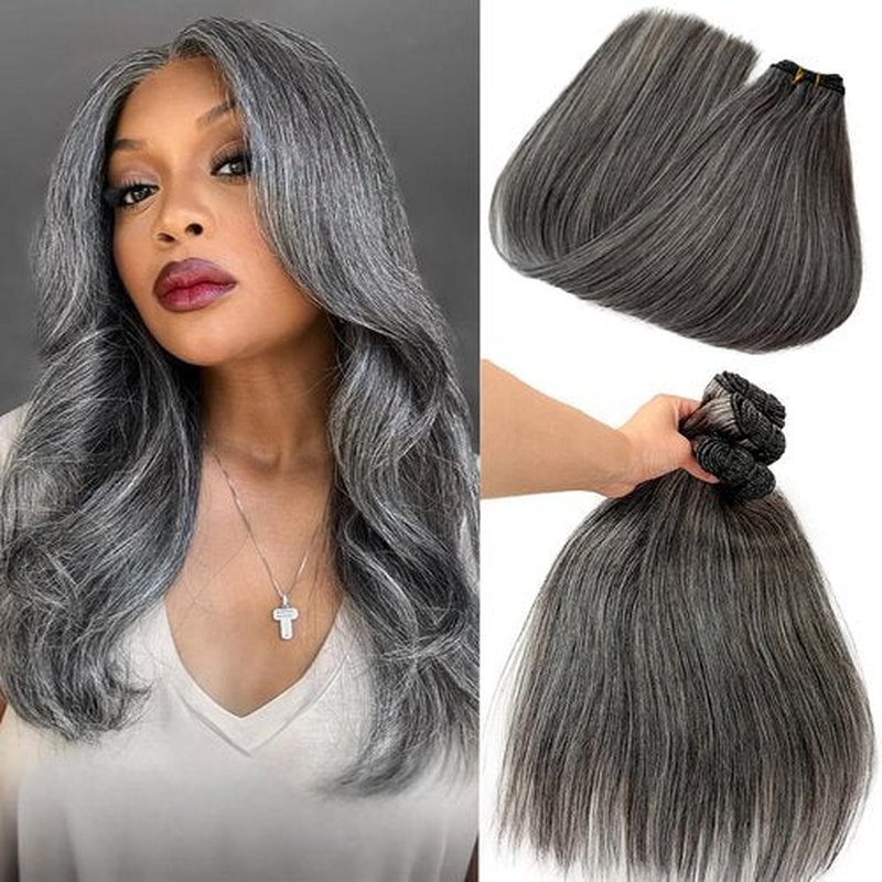 Real Human Hair Salt and Pepper Sew in Hair Extensions 14 Inch 100% Virgin Hair Bundles for Thinning Hair 80G Natural Grey White Hairpiece for Women Daily Hand Tied Double Weft Human Hairs Bundles