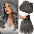 Real Human Hair Salt and Pepper Sew in Hair Extensions 14 Inch 100% Virgin Hair Bundles for Thinning Hair 80G Natural Grey White Hairpiece for Women Daily Hand Tied Double Weft Human Hairs Bundles