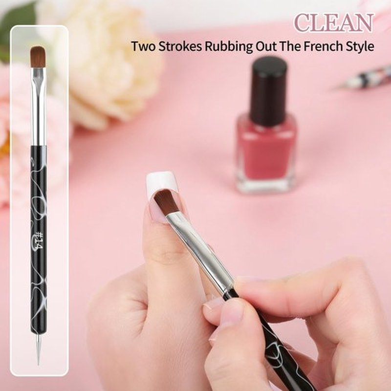 6pcs French Tip Tool Brush, 2 Way Cleanup Brush for Gel Polish with Dotting Tool Franch Nail Art Brushes Set Liner Fine Cuticle Beginner 7mm/9mm/11mm, 12#, 14#, 16#