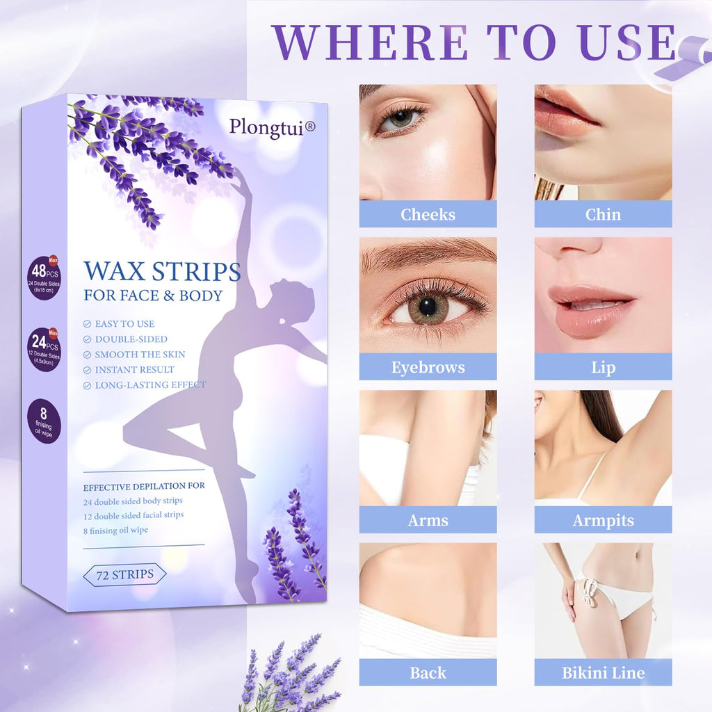 Wax Strips Hair Removal for Women: Waxing Kit with 72 Pcs Body Waxing Strips Dual Sides & 4 Calming Oil Wipe For Face, Bikini, Legs, Lip, Brazilian Wax Kit At Home, Hypoallergenic All Skin