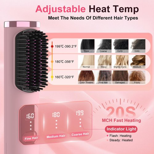 Cordless Hair Straightener Brush, Portable 500 Million Ions Smooth Straightening Brush, Rechargeable 4-IN-1 Go Brush, MCH Fast Heating, 5D Dense Bristles, LED Display, Anti-Scald for Women Home Travel