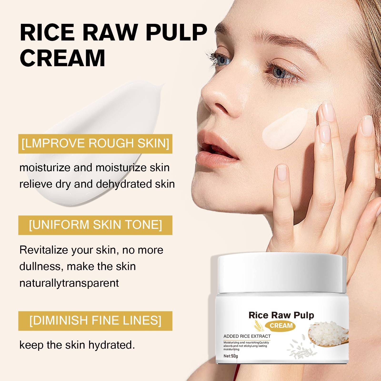 Rice Cream for Face,Rice Raw Pulp Face Cream for Moisturizing Skin,Lightweight & Non-Oily Skin Care for Dry, Sensitive & Dull Skin, Day &Night Use