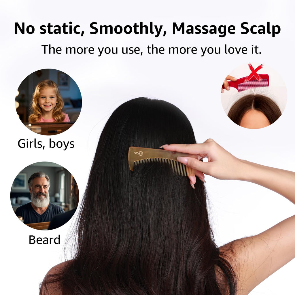 SC123 Untreated 4.7 inch Real Ox Horn Hair or Beard Mustache, Birth Labor Comb, Handmade Fine Tooth Small Pocket Travel, Anti-static, Detangling, Massage, Scalp Gua sha for Women, Men