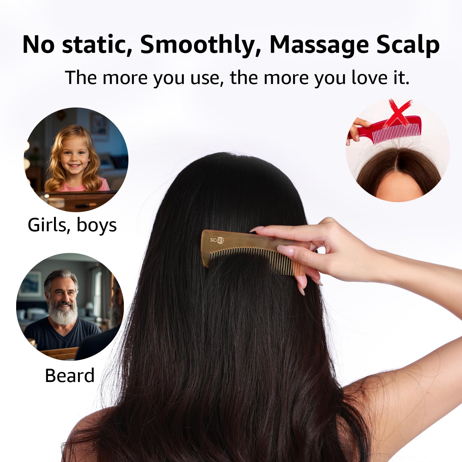 SC123 Untreated 4.7 inch Real Ox Horn Hair or Beard Mustache, Birth Labor Comb, Handmade Fine Tooth Small Pocket Travel, Anti-static, Detangling, Massage, Scalp Gua sha for Women, Men